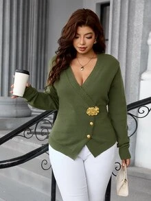 SHEIN Clasi Plus Size Women's Solid Color Metal Decor Casual Versatile Cardigan Saudi National Day - Army Green - View 7
