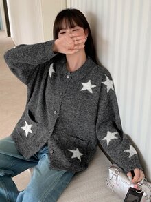 Dazy Plus Korean Style Girl Casual Autumn/Winter New Collar Contrast Color Five-Point Star Jacquard Patchwork Long Sleeve Cardigan Sweater - Dark Grey - View 5