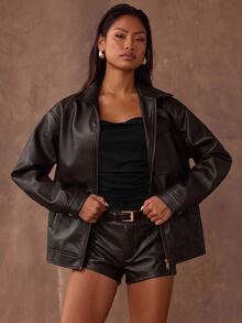 SHEIN BAE 女款秋季時尚復古夾克 - 巧克力棕 - 查看 5