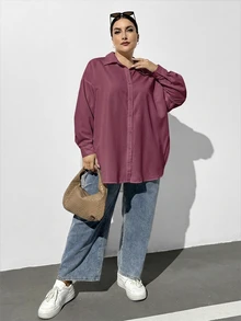 SHEIN Essnce 大尺碼休閒百搭純色側開衩襯衫 秋季 - 中紫紅色 - 查看 5