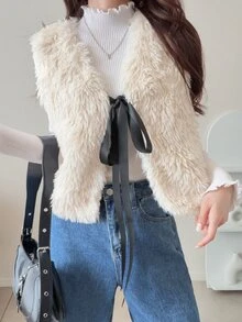 FRIFUL Women's Fashion Front Knot Faux Fur Vest - Apricot - View 1