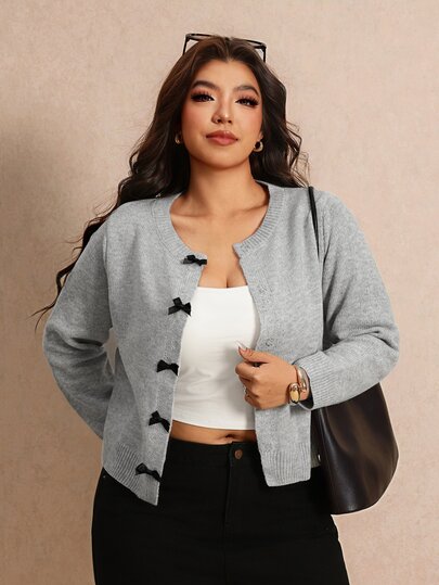 Elaquor Plus Size Autumn/Winter Casual Bowknot Decor Cardigan