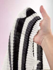 Amplova Black White Gray Striped Long Sleeve Distressed Fitted Bodycon Mini Knit 2 Pieces Set - Black and White - View 9