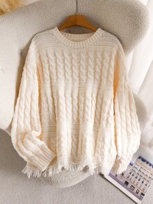 Elaquor Plus Size Versatile Gentle Cable Knit Tassel Hem Pullover Sweater - Beige - View 1