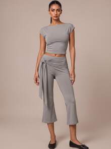 SHEIN BAE Women Grey High Waist Flare Drawstring Pants Gym Workout Training Running Yoga Athletic Activewear - Light Grey - View 5