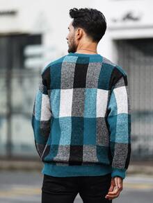Manfinity Mode Men's Colorblock Casual Versatile Daily Wear Long Sleeve Sweater - Teal Blue - View 2