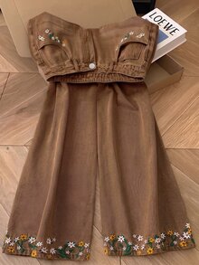 GlowEve 女款夏季花卉刺繡牛仔長褲 - 棕色 - 查看 2