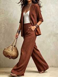 Linhara CURVE Plus Size Women Spring/Autumn Solid Color Faux Linen Open Front Button-Up Double Pocket Casual Elegant Commute Blazer + Elastic Waist Pocket Loose Long Pants Music Festival Club 2-Piece Set - Brown - View 4