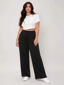 SHEIN BASICS 大尺碼毛圈布抽繩腰寬腿運動長褲，女款夏季穿搭 - 黑色 - 查看 3