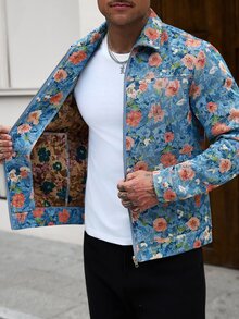 Manfinity CasualCool 2026新款男士新年聖誕萬聖節假期禮物休閒時尚設計極簡優雅百搭寬鬆藍色花卉圖案拉鍊長袖夾克 - 藍色 - 查看 7