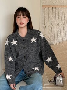 Dazy Plus Korean Style Girl Casual Autumn/Winter New Collar Contrast Color Five-Point Star Jacquard Patchwork Long Sleeve Cardigan Sweater - Dark Grey - View 3