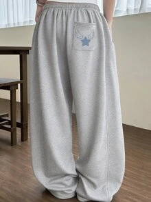 Dazy Plus Plus Size Women's Wing Print American Style Sweatpants Casual Sports Wide Leg Lounge Pants Spring Autumn New - Grey - View 6
