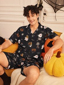 Provexi Provexi Men's Fun Halloween Pattern Print Lapel Collar Button-Down Short Sleeve Shorts Pajama Set - Multicolor - View 1