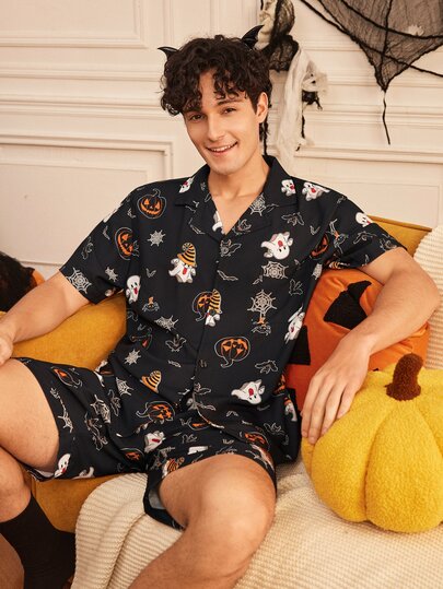 Provexi Provexi Men's Fun Halloween Pattern Print Lapel Collar Button-Down Short Sleeve Shorts Pajama Set