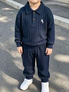 2pcs/Set Boys' Sweatshirt & Pants Set, Autumn/Winter New Knit Ribbed Ribbed Fabric Long Sleeve Polo Collar Sweatshirt & Long Pants Set, Comfortable Casual Outfit, Suitable For Daily Wear, Home Wear, Brother Outfit, Soft And Comfortable Fabric, Suitable For Autumn/Winter Wear, Suitable For Boys' Daily Wear - Navy Blue - View 3
