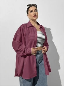 SHEIN Essnce 大尺碼休閒百搭純色側開衩襯衫 秋季 - 中紫紅色 - 查看 4