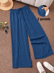CosyJoli Plus Size Casual Versatile Solid Color Pants - Blue - View 4