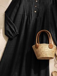 Rusticease Women's Solid Color Button Design Pleated Casual Basic Basic Retro Vintage 70s 2000s Long Dress Picnic Brunch Everyday Black Autumn - Black - View 4