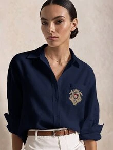 Briarwyn Women's Cartoon Bear Pattern Long Sleeve Single-Breasted Casual Pocket Shirt - Navy Blue - View 4