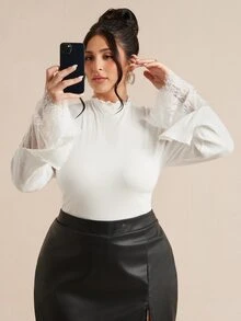 SHEIN BAE CURVE Plus Size Autumn/Winter Solid White Mock Neck Long Sleeve Ribbed Knit Cuff Contrast Lace Women's Top, Practical Base Layer, Fall Outfits,Basics Top - White - View 2