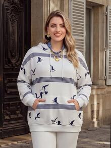 Miaspire Sweatshirt Wanita Ukuran Besar Motif Garis-garis Bahu Longgar Lengan Panjang Kasual dengan Saku dan Tali Serut, Cocok untuk Musim Gugur - MultiWarna - View 3