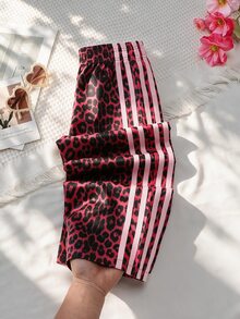 SHEIN 少女豹紋拼接休閒日常長褲 - 玫紅色 - 查看 1