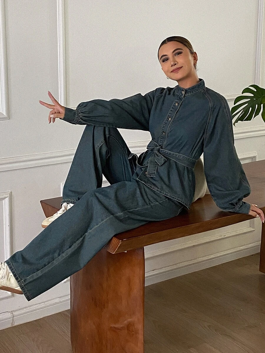 DAZY Women's Raglan Long Sleeve Single-Breasted Denim Shirt And Denim Jeans Casual Set Fall - Blue - View 1
