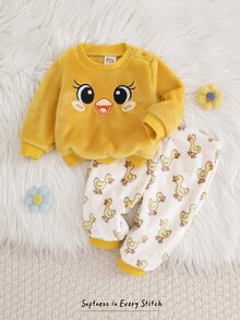 Cozy Pixies 2件組新生兒嬰兒休閒日常可愛圖案舒適刺繡毛絨圓領套頭長袖睡衣秋冬長褲家居服套裝 - 黃色 - 查看 12