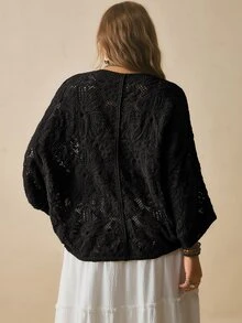 Freevana 女款波西米亞休閒優雅鉤編蝙蝠袖罩衫，寬鬆鈕扣開襟，海灘正式晚裝罩衫，秋季黑色 - 黑色 - 查看 2