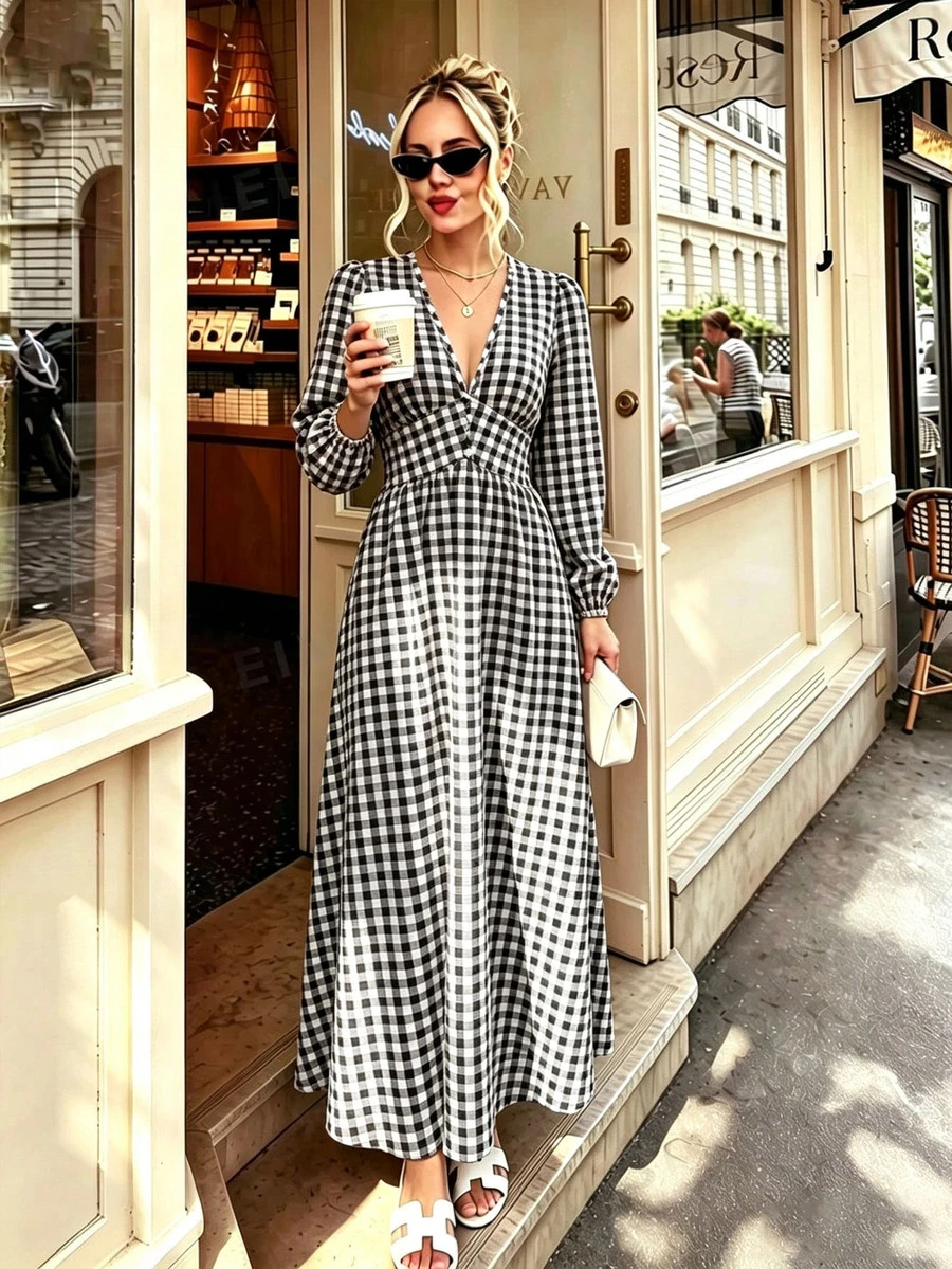 SHEIN PariChic Dress A-Line Maxi Deep Shirred Buttoned Waist Lantern ...
