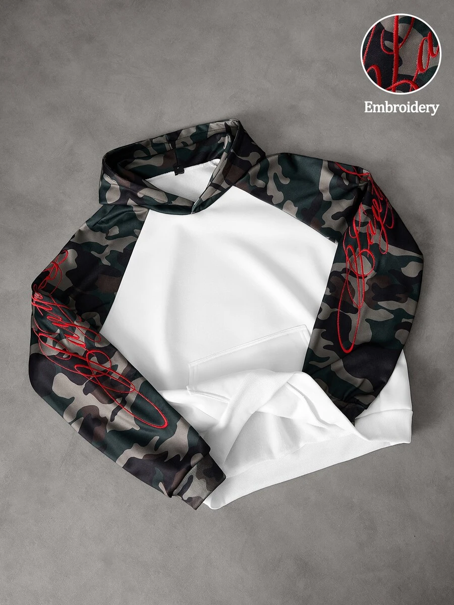PAVTROS Men's Streetwear Bionic Camo Red 3D Embroidered Lettering Contrast Raglan Sleeve Sweatshirt Signature Design Boyfriend Husband Anniversary Gift Men's Sweatshirt - Multicolor - View 1