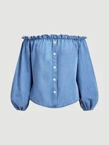 Everyssa New French Style Off-Shoulder Petal Sleeve Denim Top - Blue - View 3