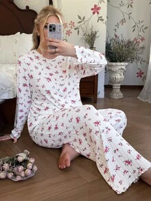 CottageSlumber Super Soft Ribbed Plus Size Women's Pajama Set Casual Ditsy Floral Loungewear - White - View 4