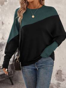 SHEIN LUNE 女款拼色休閒日常長袖運動衫 - 綠色 - 查看 10