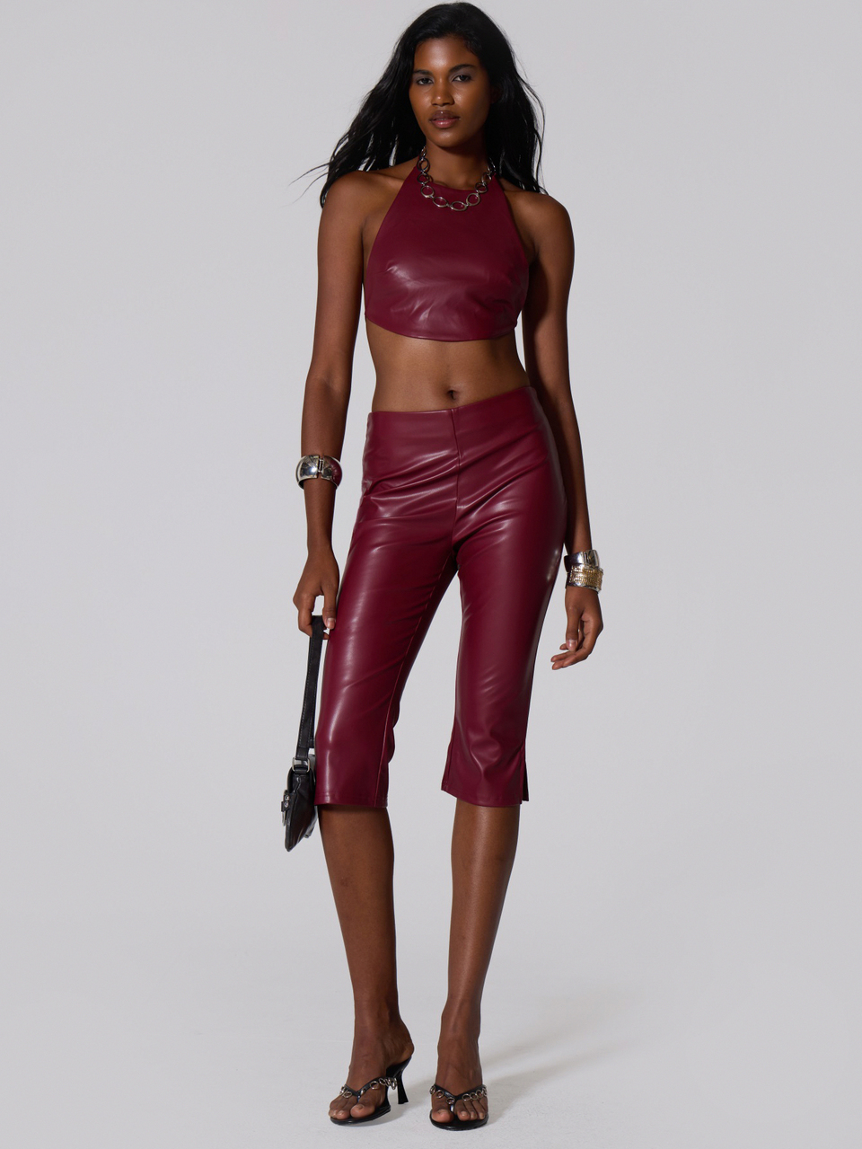Red PU Halterneck Backless High Neck Crop Top