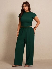 Elaquor Plus Size Women Solid Color Pleated Top And Pants Casual Everyday 2 Pieces Set - Dark Green - View 4