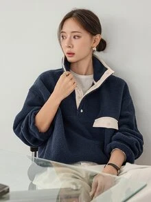 Dazy-Less Women's Colorblock Drop Shoulder Long Sleeve Button Half-Placket Casual Sweatshirt Business Casual Woman Fall - Navy Blue - View 7