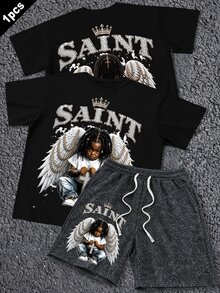 Manfinity Roughcore Set Kaos Lengan Pendek dan Celana Pendek Motif Karakter Pria - Hitam - View 2