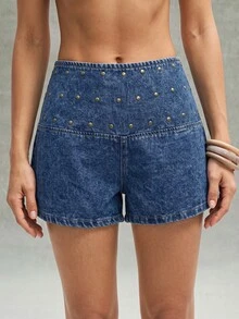 Bohemela Women's Studded Decor Casual Daily Wear Shorts - Blue - View 4