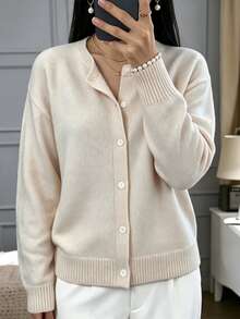 SHEIN Cardigan Rajut Kasual Wanita Warna Polos, Model Bahu Longgar, Lengan Panjang, Kancing Tunggal - Aprikot - View 3