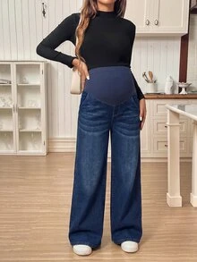 SHEIN 孕婦可調腰圍口袋寬腿休閒牛仔褲 - 藍色 - 查看 3