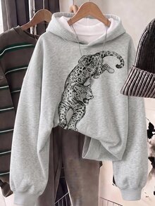 SHEIN 青少年女孩休閒極簡寬鬆舒適連帽衛衣，適合秋冬日常穿著、外出、運動、返校、音樂節，美式街頭風，甜酷慵懶休閒時尚 - 彩色 - 查看 4