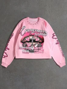 ROMWE MEN 男士鉚釘工藝街頭復古印花寬鬆套頭運動衫 - 粉色 - 查看 7