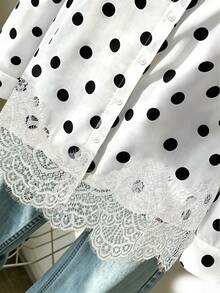 GlowEve CURVE Elegant Fashionable Versatile Collared Polka Dot Lace Patchwork Hem Blouse - White - View 5
