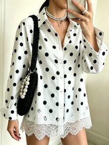 GlowEve CURVE Elegant Fashionable Versatile Collared Polka Dot Lace Patchwork Hem Blouse - White - View 1