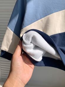Boys' (Small) Sweatshirt Set: Crew Neck Sweatshirt With Jogger Pants. Top: Blue, Beige, And Navy Blue Diagonal Color-Block Design, Minimalist Logo On Chest, Ribbed Collar, Cuffs, And Hem; Pants: Navy Blue, Matching Series Logo, Elastic Waist + Ribbed Cuffs, Thermal Lined, Warm And Thick - Multicolor - View 5