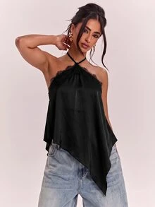 SHEIN BAE 春夏女款休閒度假掛脖蕾絲拼接露背不對稱下擺棕色純色緞面背心，適合海邊度假、海灘假期、姊妹休閒度假，優雅實用棕色緞面背心 - 黑色 - 查看 6