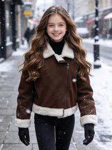 SHEIN Elladie kids Streecool 青少年女孩夾克 秋季服飾 街頭風休閒時尚 純色翻領長袖拉鍊 PU 機車夾克 常規款加厚 - 棕色 - 查看 1