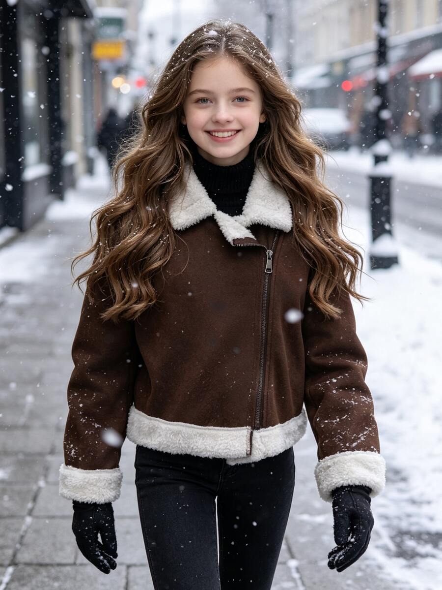 SHEIN Elladie kids Streecool 青少年女孩夾克 秋季服飾 街頭風休閒時尚 純色翻領長袖拉鍊 PU 機車夾克 常規款加厚 - 棕色 - 查看 1