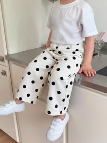 女嬰秋冬 Y2K 時尚純棉波點白色牛仔褲，鬆緊腰寬鬆牛仔褲，適合日常穿著、街頭風與聖誕節 - 白色 - 查看 5